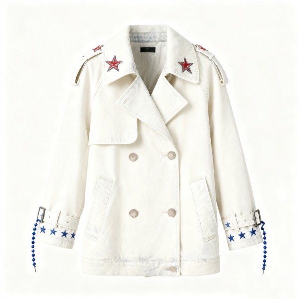 White Double-Breasted Trench Coat with Star Accents & Beaded Cuff Straps