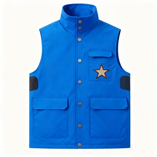 Bold Blue Button-Front Vest with Star Patch & Cargo Pockets
