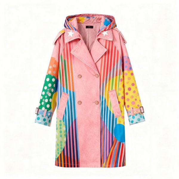 Pink Patchwork Hooded Trench Coat with Star & Colorful Print Details