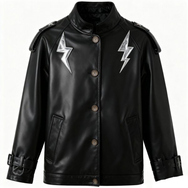 Black Faux Leather Jacket with Silver Lightning Bolt Details