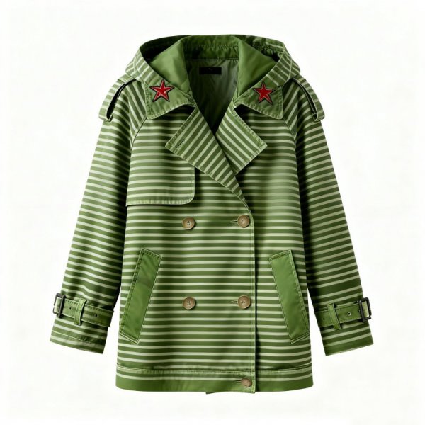 Green Striped Trench Jacket with Red Star Embroidery