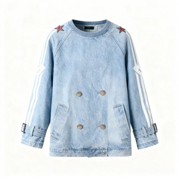 Light Blue Denim Jacket with White Stripe Sleeves & Star Accents
