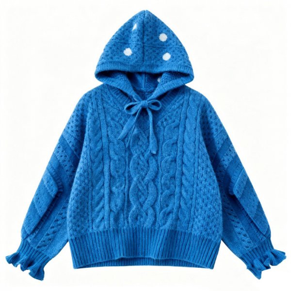 Blue Polka-Dot Bow-Hood Sweater