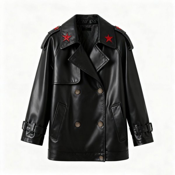 Black Faux Leather Trench Coat with Star Details