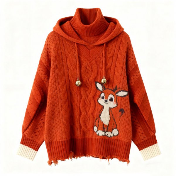 Rust Deer-Print Hooded Turtleneck Sweater