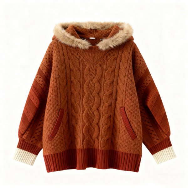 Rust Fur-Trim Hooded Sweater