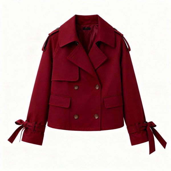 Burgundy Double-Breasted Trench Coat with Bow Cuff Details