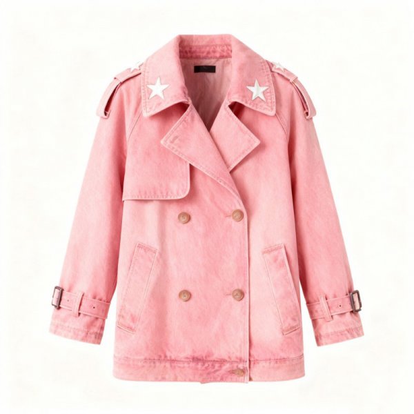 Pink Denim Trench Jacket with White Star Embroidery
