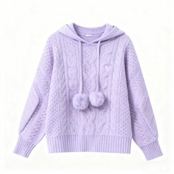 Lavender Heart & Pom-Pom Hooded Sweater