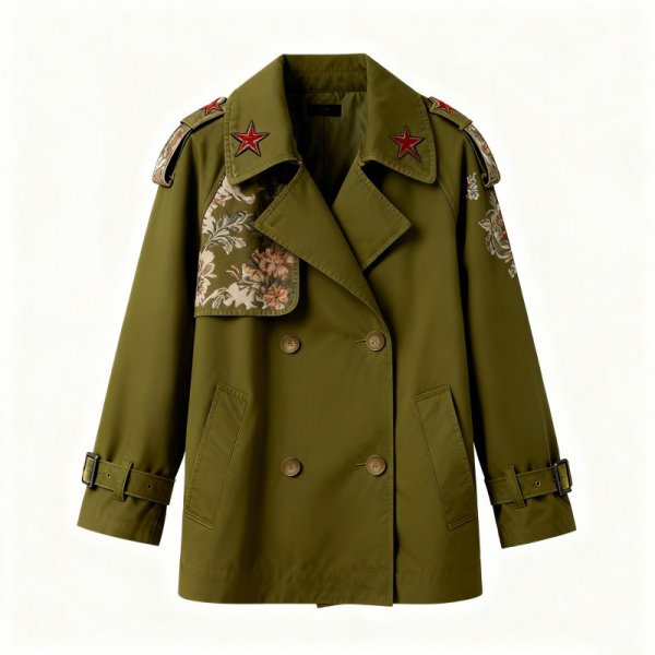 Olive Green Double-Breasted Trench Coat with Floral Panel & Red Star Accents