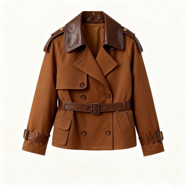 Brown Double-Breasted Trench Coat with Leather Collar & Belt