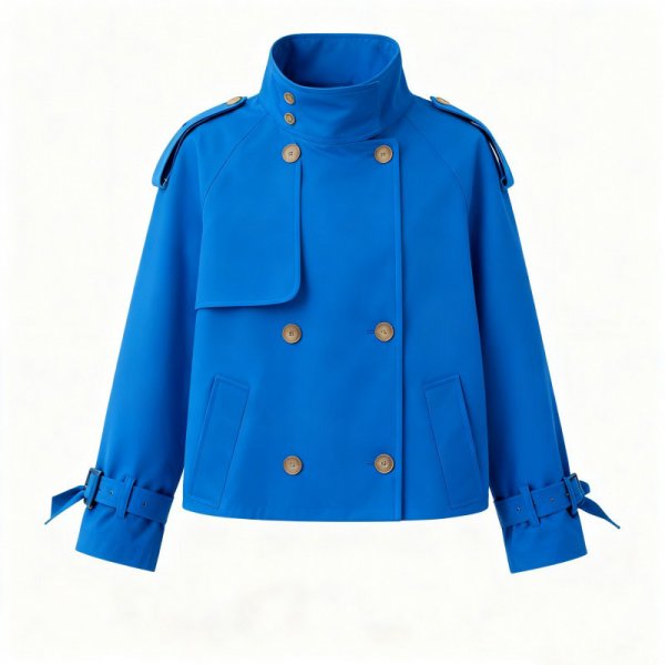 Bright Blue Stand-Collar Double-Breasted Trench Coat