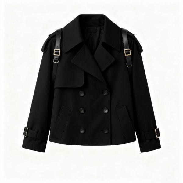Black Double-Breasted Trench Coat with Shoulder Buckle Straps