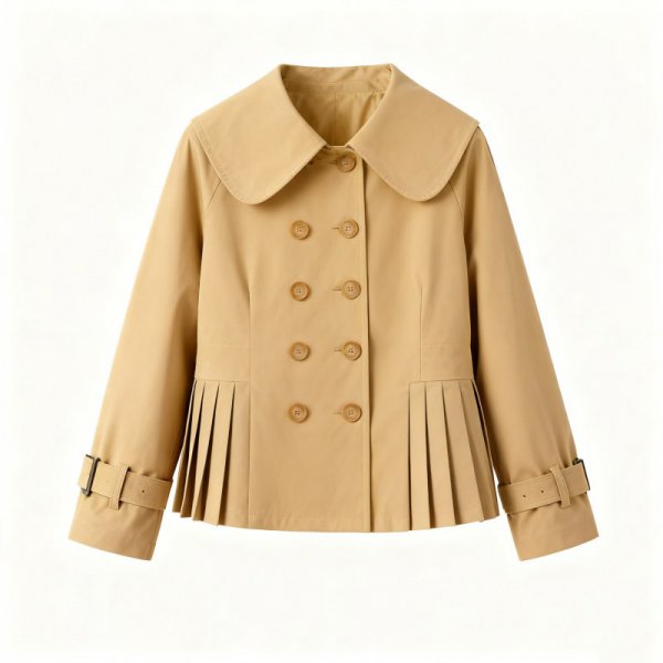 Beige Trench Coat with Peter Pan Collar & Pleated Hem