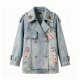 Distressed Light Blue Denim Jacket with Colorful Polka Dot Patches