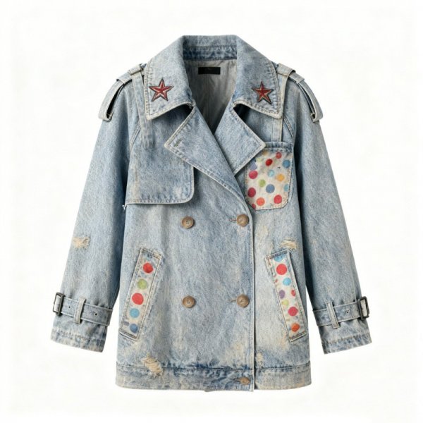 Distressed Light Blue Denim Jacket with Colorful Polka Dot Patches