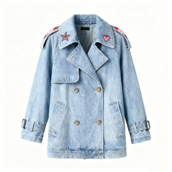 Light Blue Denim Trench Jacket with Star & Heart Embroidery