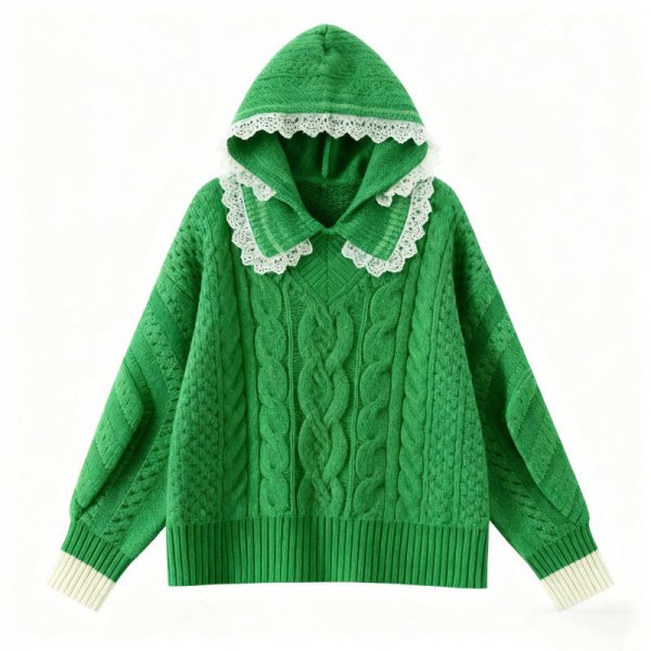 Green Lace-Trim Hooded Sweater