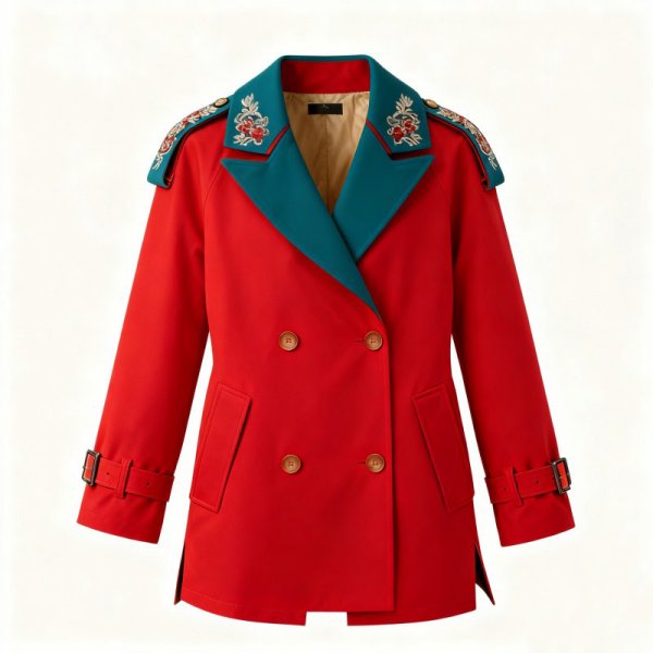 Red Trench Coat with Teal Collar & Floral Embroidered Shoulders