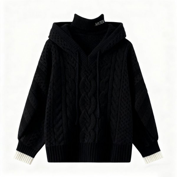 Black Turtleneck Hooded Sweater with "AFTER" Detail