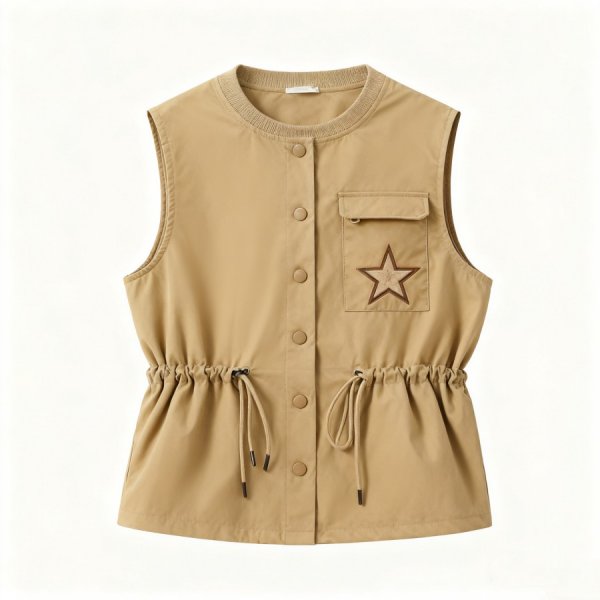 Beige Button-Front Vest with Star Patch & Adjustable Drawstring Waist