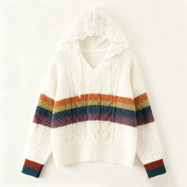 White Rainbow-Stripe Lace-Hood Sweater