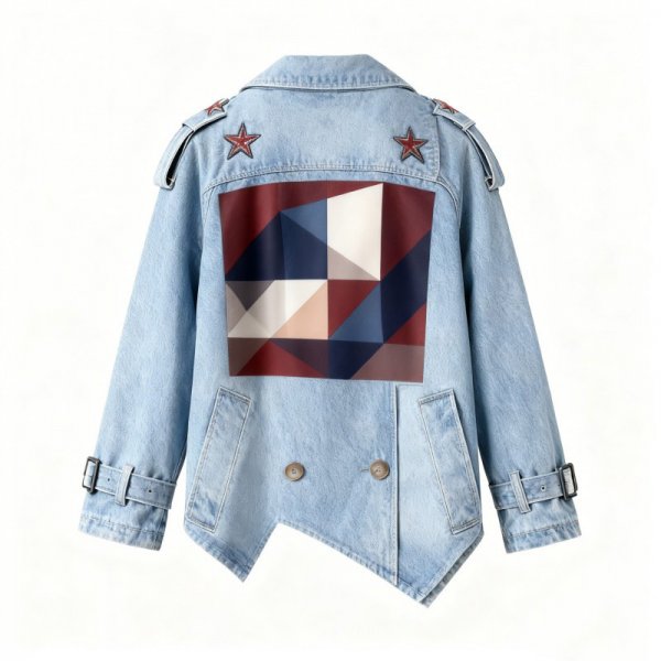 Light Blue Denim Double-Breasted Trench Coat with Geometric Back Panel & Star Accents