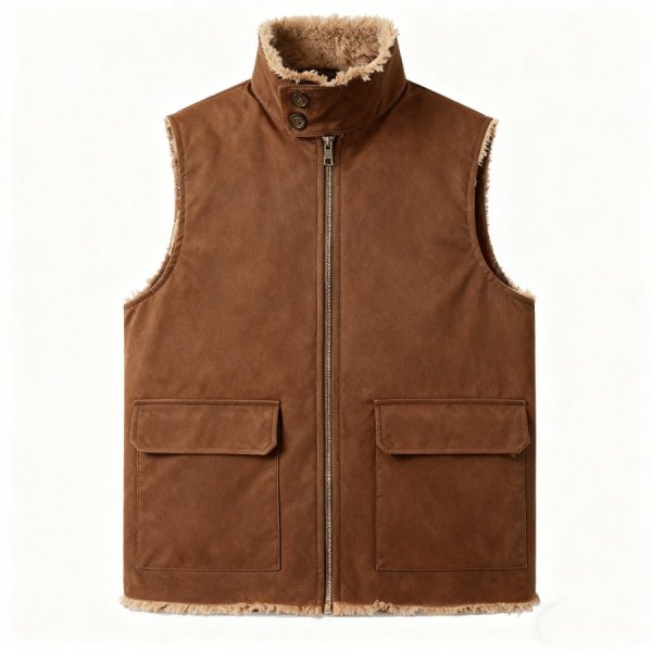 Brown Suede-Look Shearling-Trimmed Vest
