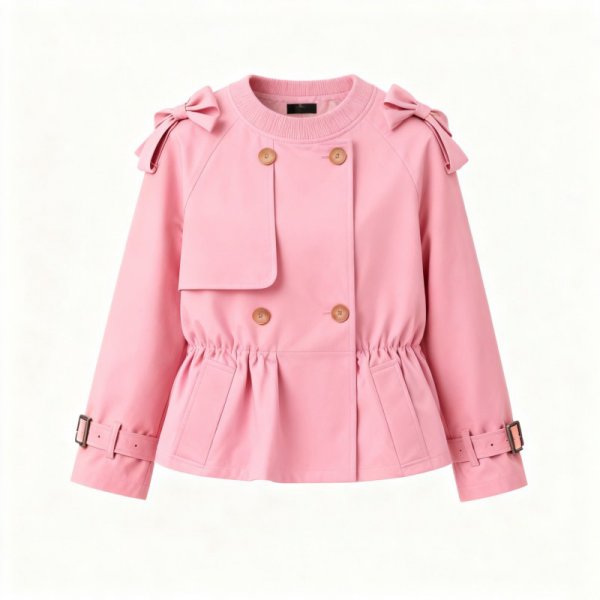 Pink Trench Coat with Bow Shoulders & Ruffled Waist