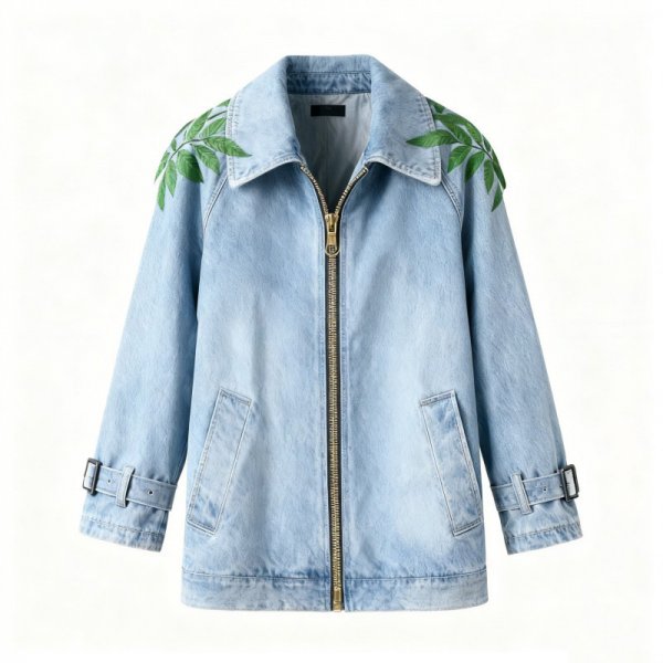 Light Blue Denim Zip-Up Jacket with Green Leaf Shoulder Embroidery