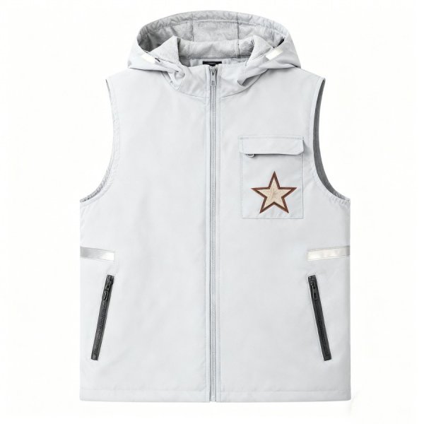 Light Gray Hooded Vest with Star Patch & Reflective Accents