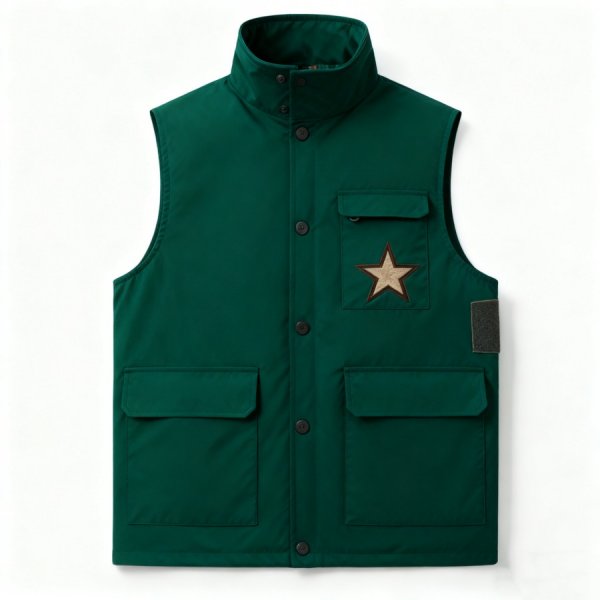 Dark Green Button-Front Vest with Star Patch & Cargo Pockets