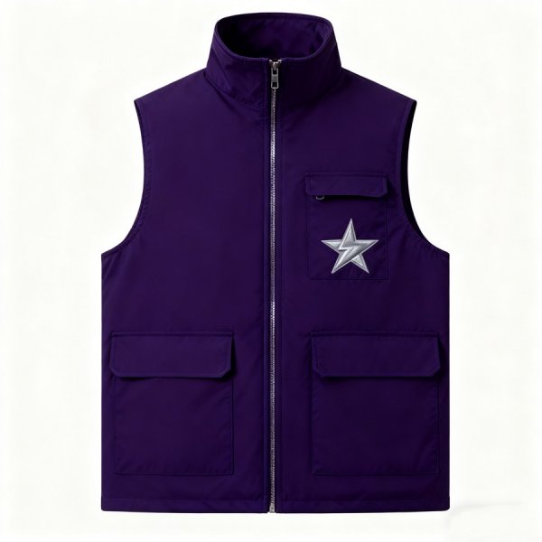 Deep Purple Zip-Front Vest with Silver Star Patch & Cargo Pockets