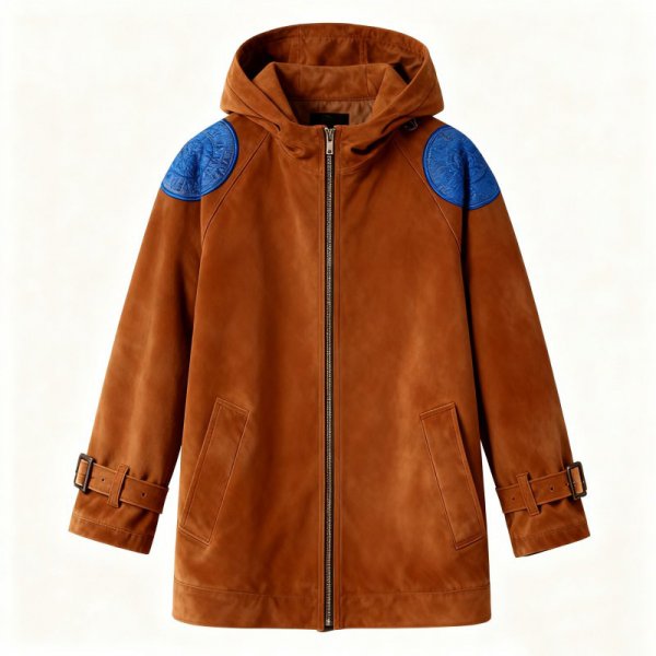 Brown Suede Hooded Jacket with Embossed Blue Shoulder Details