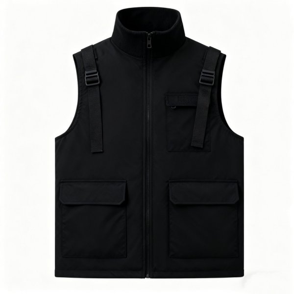 Black Tactical Zip-Front Vest with Shoulder Straps & Cargo Pockets