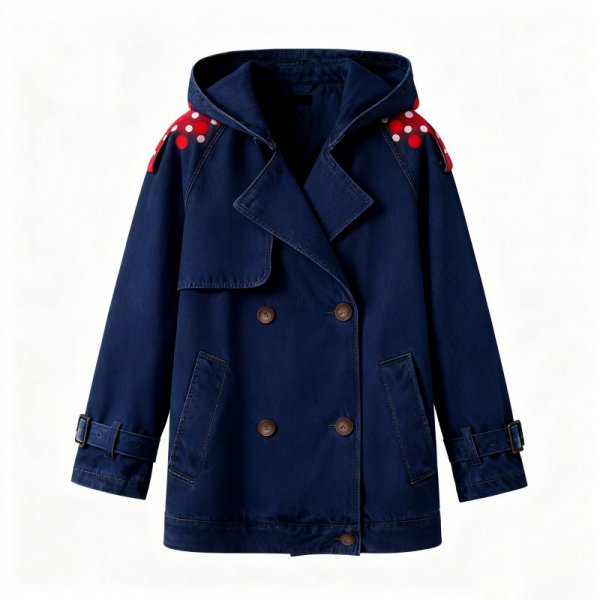 Dark Blue Denim Trench Jacket with Red & White Polka Dot Shoulders