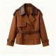 Brown Double-Breasted Trench Coat with Leather Collar & Belt