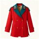 Red Trench Coat with Teal Collar & Floral Embroidered Shoulders