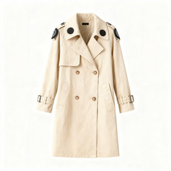 Beige Double-Breasted Trench Coat with Shoulder Patch Accents