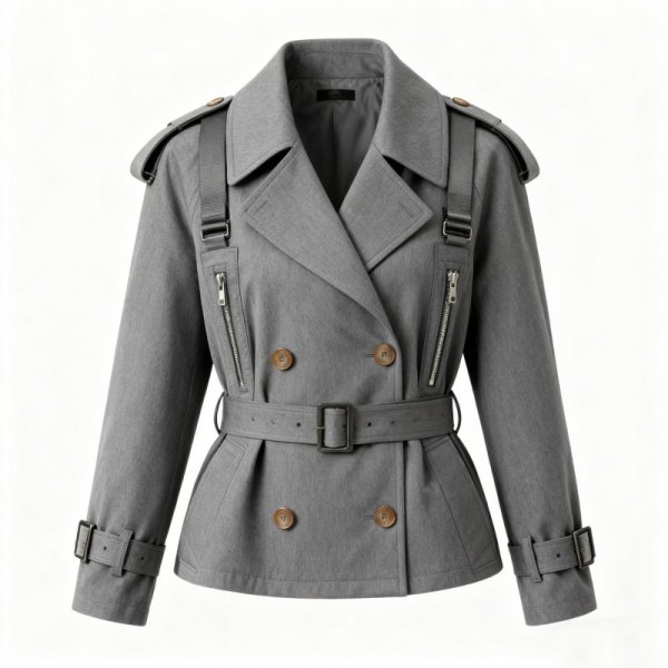 Gray Double-Breasted Trench Coat with Zipper Pockets & Belt