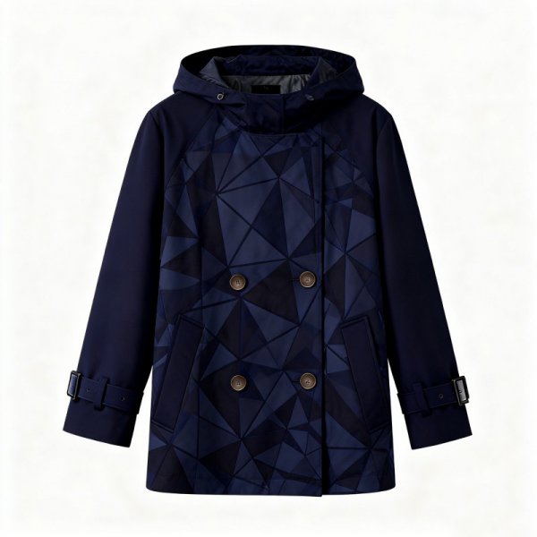 Navy Blue Hooded Trench Coat with Geometric Pattern